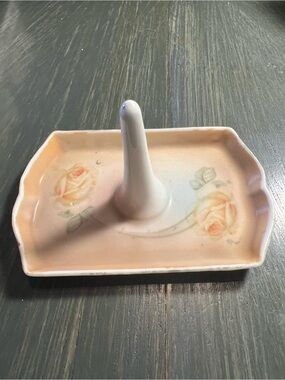 Porcelain Ring Holder Tray with Peach Rose Design